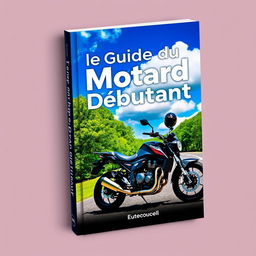 A captivating book cover design for 'Le Guide du Motard Débutant' featuring a stylish motorcycle parked on a winding road surrounded by lush green trees