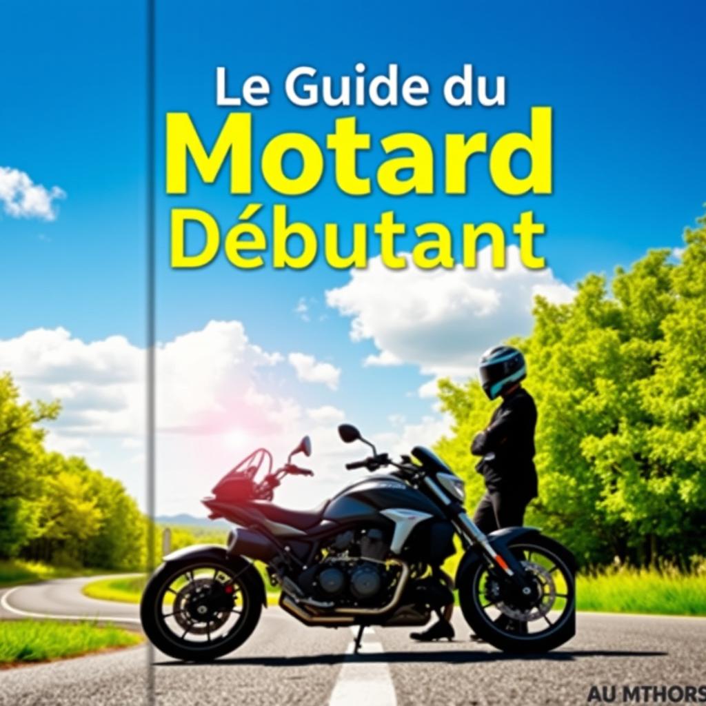 A captivating book cover design for 'Le Guide du Motard Débutant' featuring a stylish motorcycle parked on a winding road surrounded by lush green trees