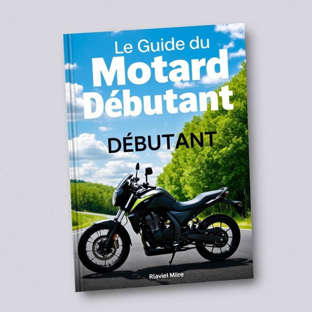 A captivating book cover design for 'Le Guide du Motard Débutant' featuring a stylish motorcycle parked on a winding road surrounded by lush green trees