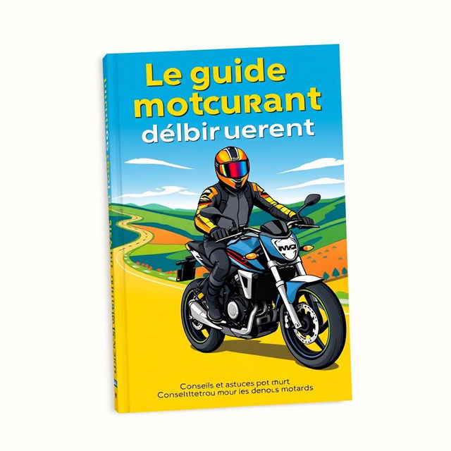 A book cover design for 'Le guide du motard débutant', featuring a vibrant yet professional illustration of a beginner motorcyclist wearing a stylish helmet and protective gear