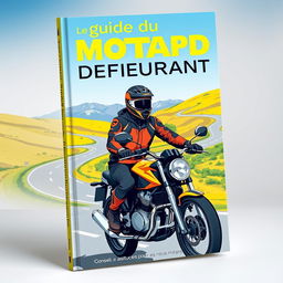 A book cover design for 'Le guide du motard débutant', featuring a vibrant yet professional illustration of a beginner motorcyclist wearing a stylish helmet and protective gear