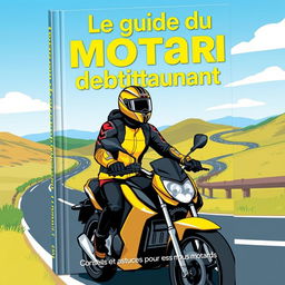 A book cover design for 'Le guide du motard débutant', featuring a vibrant yet professional illustration of a beginner motorcyclist wearing a stylish helmet and protective gear