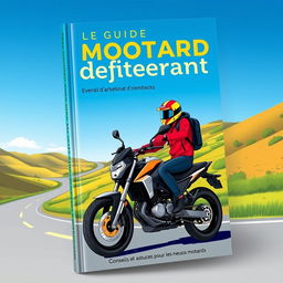 A book cover design for 'Le guide du motard débutant', featuring a vibrant yet professional illustration of a beginner motorcyclist wearing a stylish helmet and protective gear