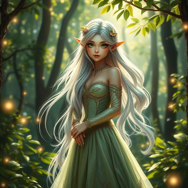 An enchanting elf princess standing gracefully in a mystical forest