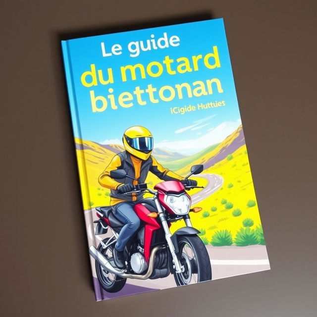 Une couverture de livre pour 'Le guide du motard débutant', présentant une illustration vibrante et professionnelle d'un motard débutant portant un casque élégant et une tenue de protection