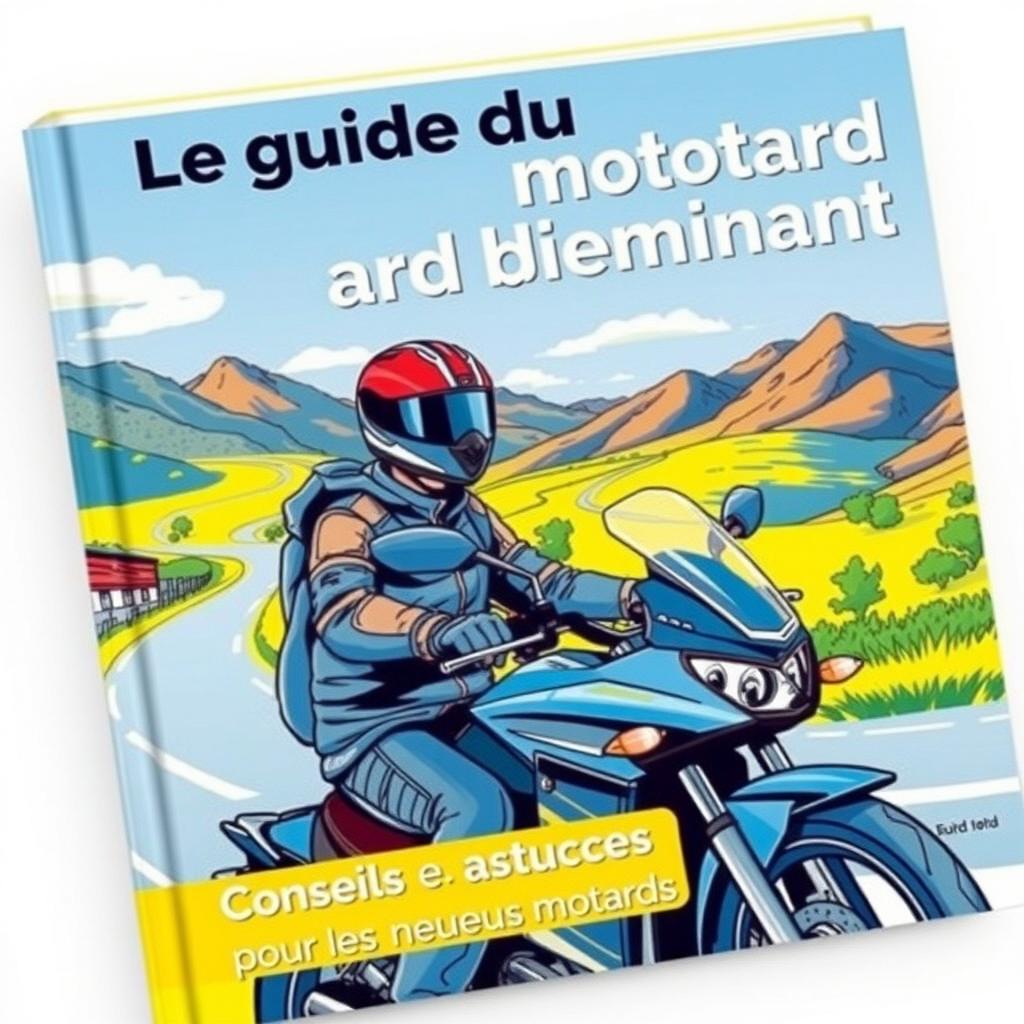 Une couverture de livre pour 'Le guide du motard débutant', présentant une illustration vibrante et professionnelle d'un motard débutant portant un casque élégant et une tenue de protection