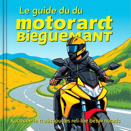 Une couverture de livre pour 'Le guide du motard débutant', présentant une illustration vibrante et professionnelle d'un motard débutant portant un casque élégant et une tenue de protection