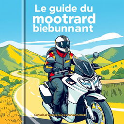 Une couverture de livre pour 'Le guide du motard débutant', présentant une illustration vibrante et professionnelle d'un motard débutant portant un casque élégant et une tenue de protection