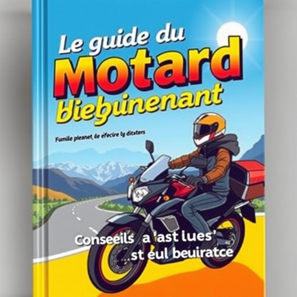 Une couverture de livre pour 'Le guide du motard débutant', présentant une illustration captivante d'un motard débutant sur une moto moderne, portant un casque de sécurité