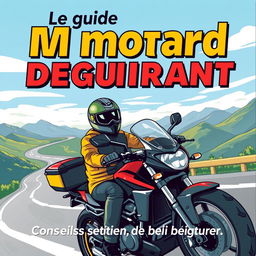 Une couverture de livre pour 'Le guide du motard débutant', présentant une illustration captivante d'un motard débutant sur une moto moderne, portant un casque de sécurité