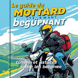 Une couverture de livre pour 'Le guide du motard débutant', présentant une illustration captivante d'un motard débutant sur une moto moderne, portant un casque de sécurité