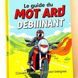 Une couverture de livre pour 'Le guide du motard débutant', présentant une illustration captivante d'un motard débutant sur une moto moderne, portant un casque de sécurité