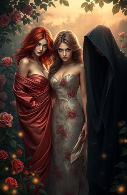 A captivating scene featuring three alluring figures, each representing different aspects of temptation: one figure with fiery red hair seductively draped in flowing silk, another with enchanting green eyes in a shimmering gown adorned with floral patterns, and the third with dark, mysterious features enveloped in a veil of shadows