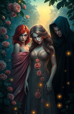 A captivating scene featuring three alluring figures, each representing different aspects of temptation: one figure with fiery red hair seductively draped in flowing silk, another with enchanting green eyes in a shimmering gown adorned with floral patterns, and the third with dark, mysterious features enveloped in a veil of shadows