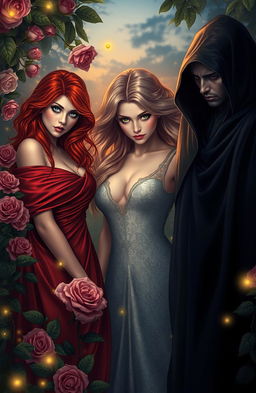 A captivating scene featuring three alluring figures, each representing different aspects of temptation: one figure with fiery red hair seductively draped in flowing silk, another with enchanting green eyes in a shimmering gown adorned with floral patterns, and the third with dark, mysterious features enveloped in a veil of shadows
