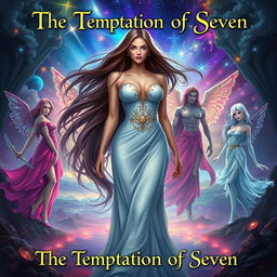 A mesmerizing scene depicting 'The Temptation of Seven' with a central female protagonist, a stunning woman with flowing long hair, embodying the essence of allure and mystery