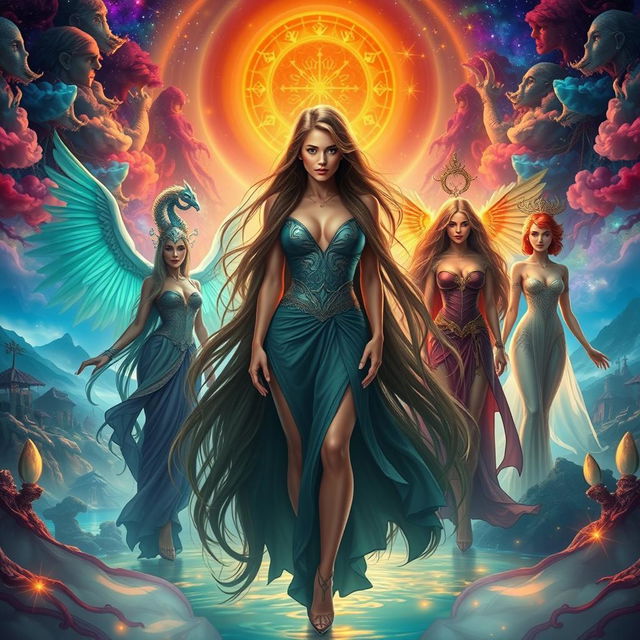 A mesmerizing scene depicting 'The Temptation of Seven' with a central female protagonist, a stunning woman with flowing long hair, embodying the essence of allure and mystery