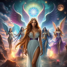 A mesmerizing scene depicting 'The Temptation of Seven' with a central female protagonist, a stunning woman with flowing long hair, embodying the essence of allure and mystery