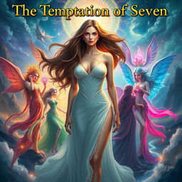 A mesmerizing scene depicting 'The Temptation of Seven' with a central female protagonist, a stunning woman with flowing long hair, embodying the essence of allure and mystery