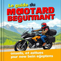 Une couverture de livre pour 'Le guide du motard débutant', illustrant un motard débutant portant un casque et une veste de protection, chevauchant une moto moderne sur une route panoramique entourée de paysages verdoyants et de montagnes