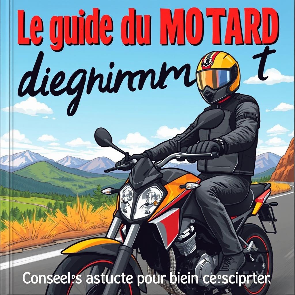 Une couverture de livre pour 'Le guide du motard débutant', illustrant un motard débutant portant un casque et une veste de protection, chevauchant une moto moderne sur une route panoramique entourée de paysages verdoyants et de montagnes