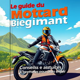 Une couverture de livre pour 'Le guide du motard débutant', illustrant un motard débutant portant un casque et une veste de protection, chevauchant une moto moderne sur une route panoramique entourée de paysages verdoyants et de montagnes