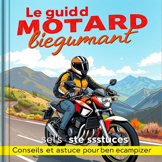 Une couverture de livre pour 'Le guide du motard débutant', illustrant un motard débutant portant un casque et une veste de protection, chevauchant une moto moderne sur une route panoramique entourée de paysages verdoyants et de montagnes