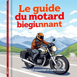 Une couverture de livre pour 'Le guide du motard débutant', illustrant un motard novice sur une moto stylée, portant un casque et une veste de cuir, roulant sur une route panoramique