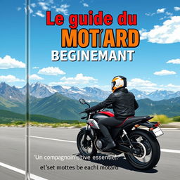 Une couverture de livre pour 'Le guide du motard débutant', illustrant un motard novice sur une moto stylée, portant un casque et une veste de cuir, roulant sur une route panoramique