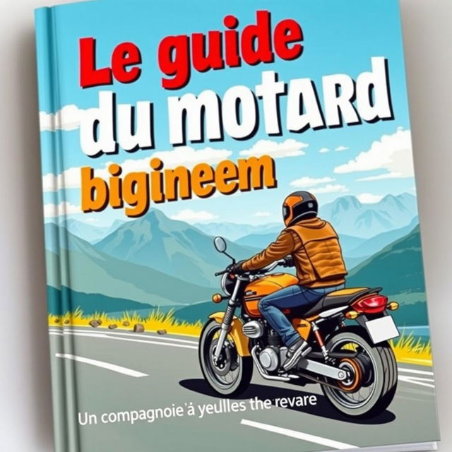 Une couverture de livre pour 'Le guide du motard débutant', illustrant un motard novice sur une moto stylée, portant un casque et une veste de cuir, roulant sur une route panoramique