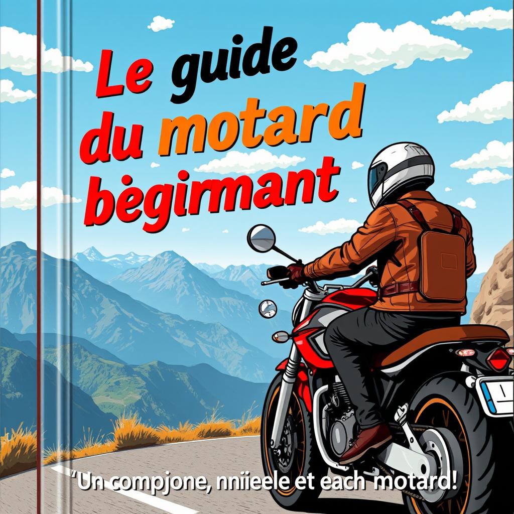 Une couverture de livre pour 'Le guide du motard débutant', illustrant un motard novice sur une moto stylée, portant un casque et une veste de cuir, roulant sur une route panoramique