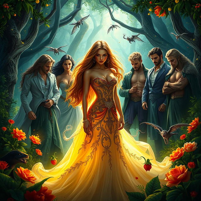 An enchanting scene from 'The Temptation of Seven', featuring a stunning female protagonist surrounded by seven captivating men, each vying for her attention in a lush fantasy setting