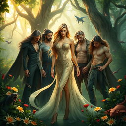 An enchanting scene from 'The Temptation of Seven', featuring a stunning female protagonist surrounded by seven captivating men, each vying for her attention in a lush fantasy setting