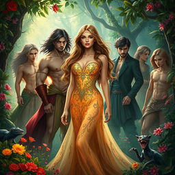 An enchanting scene from 'The Temptation of Seven', featuring a stunning female protagonist surrounded by seven captivating men, each vying for her attention in a lush fantasy setting