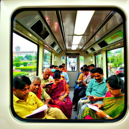 A bustling metro rail journey in Dhaka, showcasing a diverse group of commuters including men and women of various ages and ethnicities, wearing traditional Bangladeshi clothing as well as modern attire, traveling in a clean and modern metro train