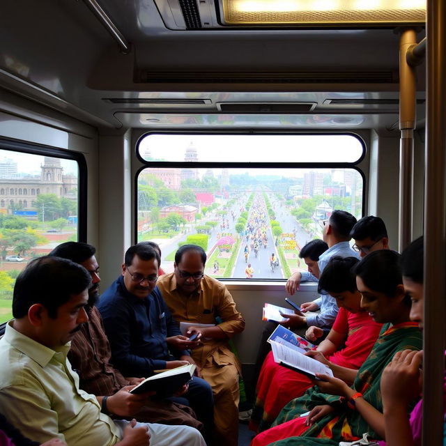 A bustling metro rail journey in Dhaka, showcasing a diverse group of commuters including men and women of various ages and ethnicities, wearing traditional Bangladeshi clothing as well as modern attire, traveling in a clean and modern metro train