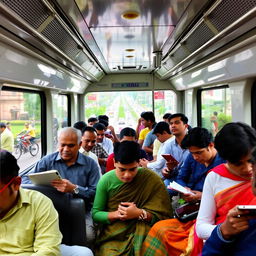 A bustling metro rail journey in Dhaka, showcasing a diverse group of commuters including men and women of various ages and ethnicities, wearing traditional Bangladeshi clothing as well as modern attire, traveling in a clean and modern metro train