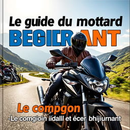 Une couverture de livre pour 'Le guide du motard débutant', mettant en scène un motard novice sur une moto sportive, vêtu d'une combinaison en cuir et d'un casque intégral
