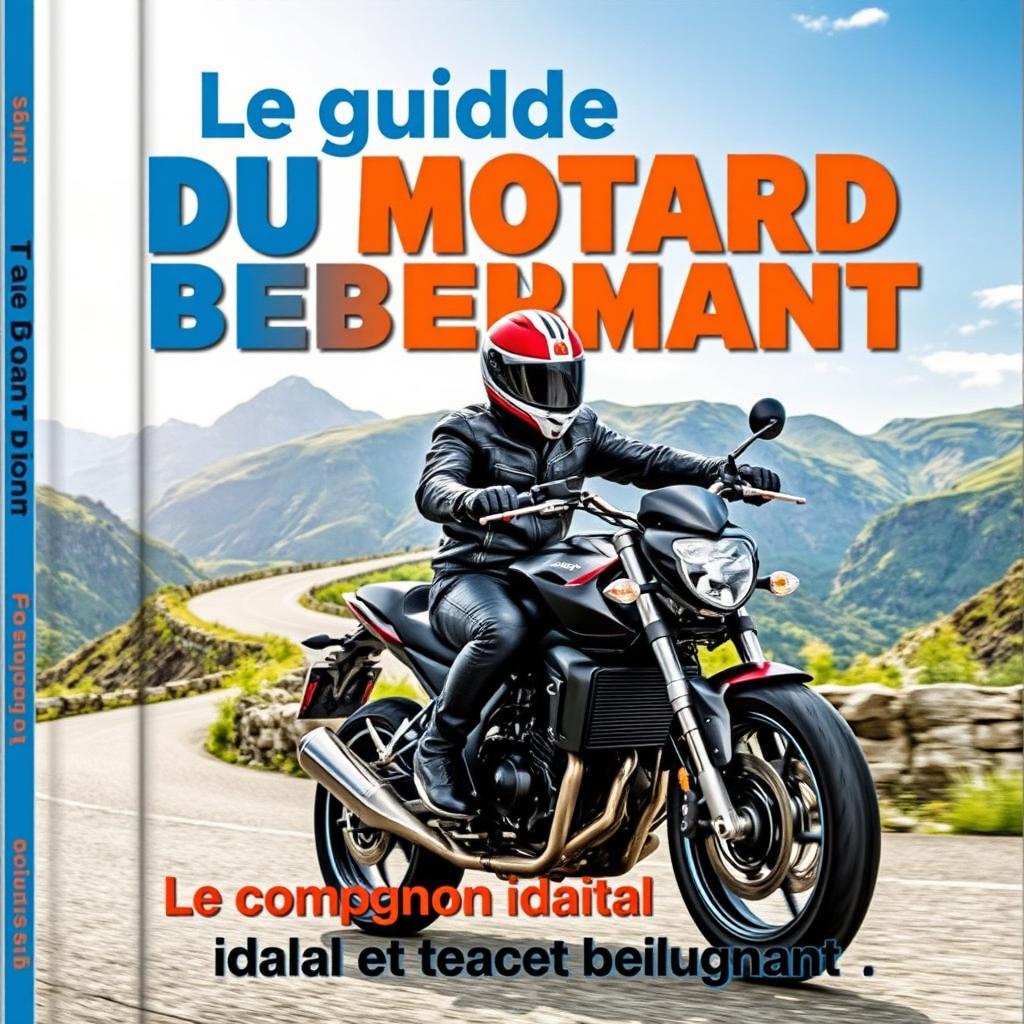 Une couverture de livre pour 'Le guide du motard débutant', mettant en scène un motard novice sur une moto sportive, vêtu d'une combinaison en cuir et d'un casque intégral