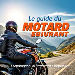 Une couverture de livre pour 'Le guide du motard débutant', mettant en scène un motard novice sur une moto sportive, vêtu d'une combinaison en cuir et d'un casque intégral