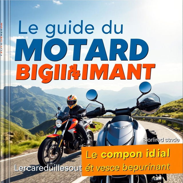 Une couverture de livre pour 'Le guide du motard débutant', mettant en scène un motard novice sur une moto sportive, vêtu d'une combinaison en cuir et d'un casque intégral