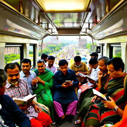 A bustling metro rail journey in Dhaka, showcasing a diverse group of commuters including men and women of various ages and ethnicities, wearing traditional Bangladeshi clothing as well as modern attire, traveling in a clean and modern metro train