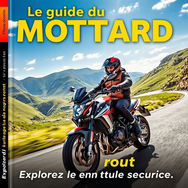 Une couverture de livre pour 'Le guide du motard débutant', présentant un motard novice sur une moto tendance, parfaitement équipée, portant des vêtements de sécurité comme un casque et une veste en cuir