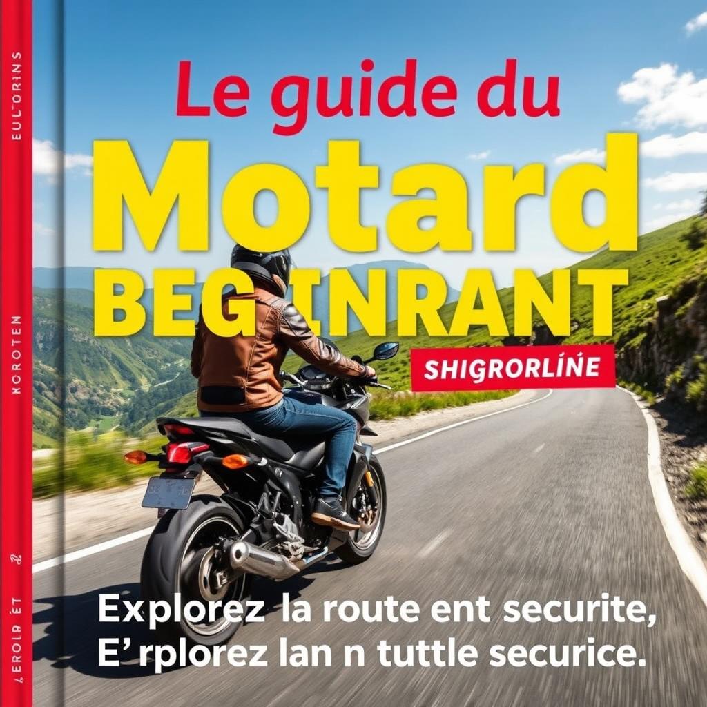 Une couverture de livre pour 'Le guide du motard débutant', présentant un motard novice sur une moto tendance, parfaitement équipée, portant des vêtements de sécurité comme un casque et une veste en cuir