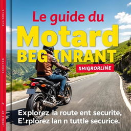 Une couverture de livre pour 'Le guide du motard débutant', présentant un motard novice sur une moto tendance, parfaitement équipée, portant des vêtements de sécurité comme un casque et une veste en cuir