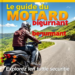 Une couverture de livre pour 'Le guide du motard débutant', présentant un motard novice sur une moto tendance, parfaitement équipée, portant des vêtements de sécurité comme un casque et une veste en cuir