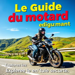 Une couverture de livre pour 'Le guide du motard débutant', présentant un motard novice sur une moto tendance, parfaitement équipée, portant des vêtements de sécurité comme un casque et une veste en cuir