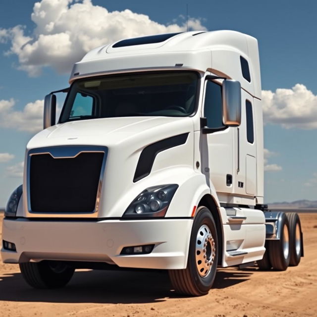 A white Magnum truck, with sleek aerodynamic design and bold lines, positioned in a vast open landscape