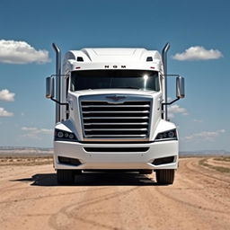 A white Magnum truck, with sleek aerodynamic design and bold lines, positioned in a vast open landscape