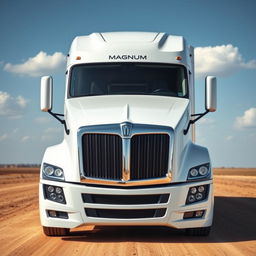 A white Magnum truck, with sleek aerodynamic design and bold lines, positioned in a vast open landscape
